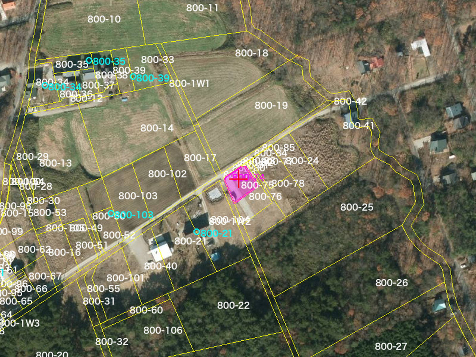 Lot 800-74 on the GSI aerial photo with the whole 公図 sheet overlaid
